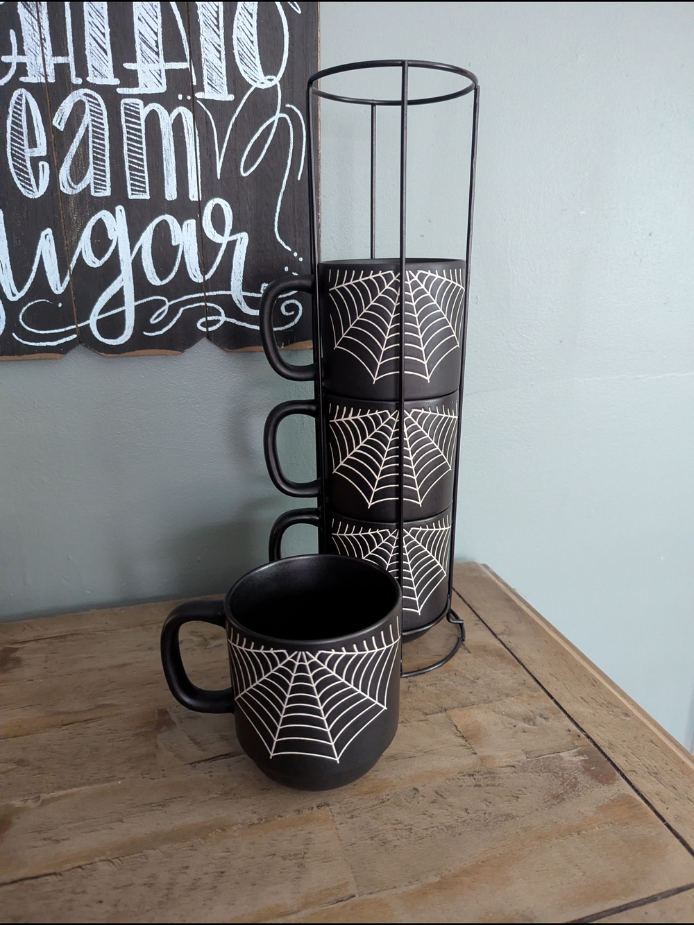 Black Spiderweb Ceramic Mug Set with Rack